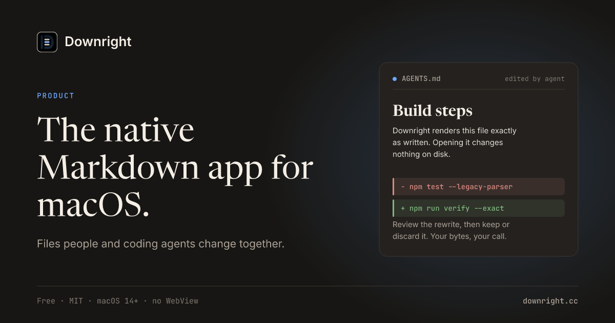 Downright - a native Mac app for reviewing Markdown that coding agents rewrite logo